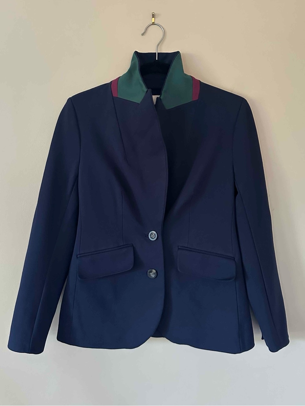 Boden Marylebone Jersey Blazer Size 4R Navy Contrast Green and Burgundy Collar
